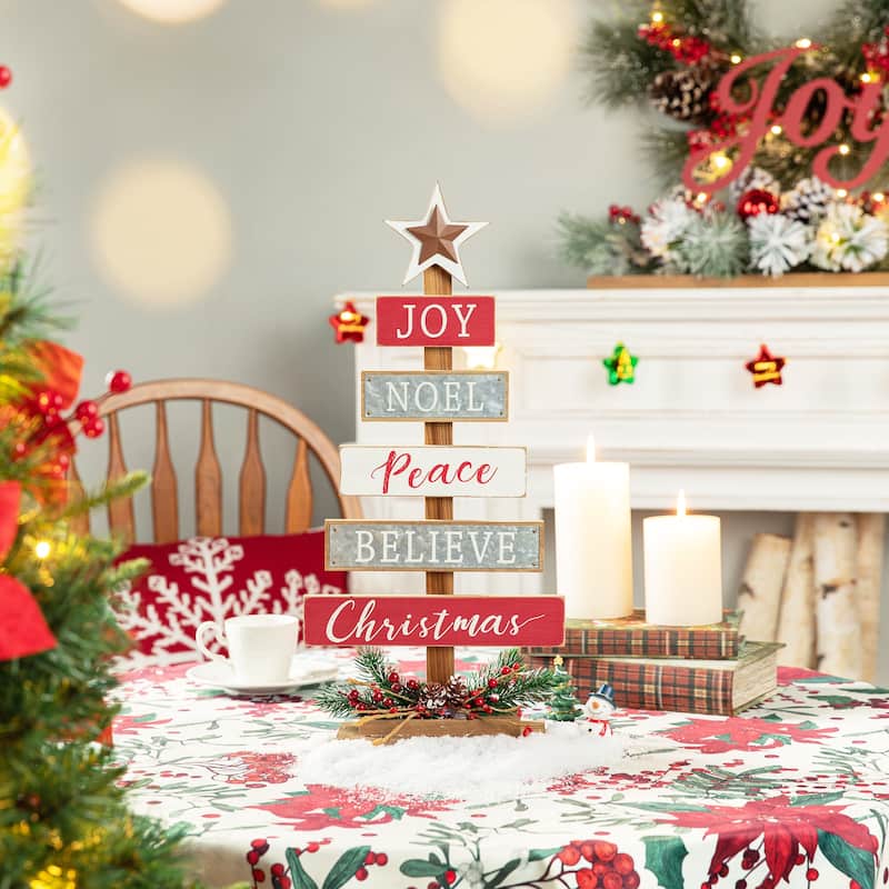 Glitzhome Christmas Tree Shaped Wooden Nativity Sign Table Decor for Holiday Party