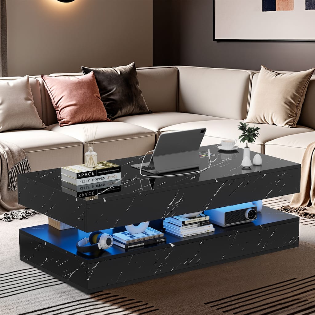 Pocassy Double-Layer Center Tables with LED Light 47.2 Inch