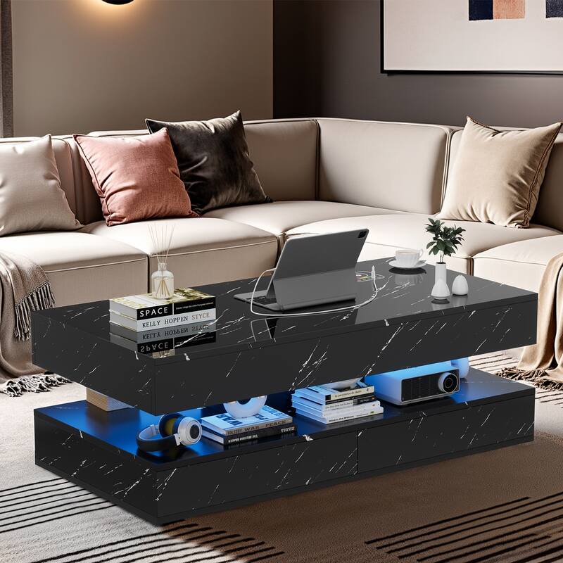 Pocassy Double-Layer Center Tables with LED Light 47.2 Inch - Black