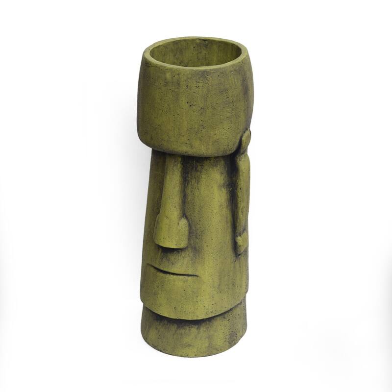 Outdoor stone statue planter with drainage hole, suitable for garden and patio.