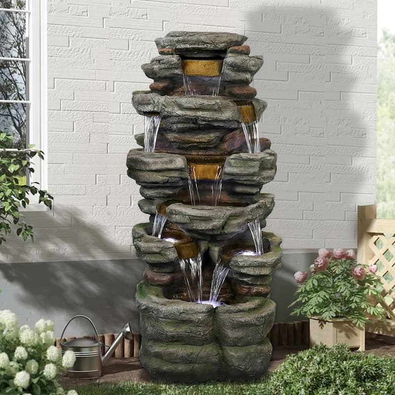 6-Tier Rock Water Fountain w/LED Lights - Waterfall Fountain for Patio - Polyresin - Floor/Lighted - Grey