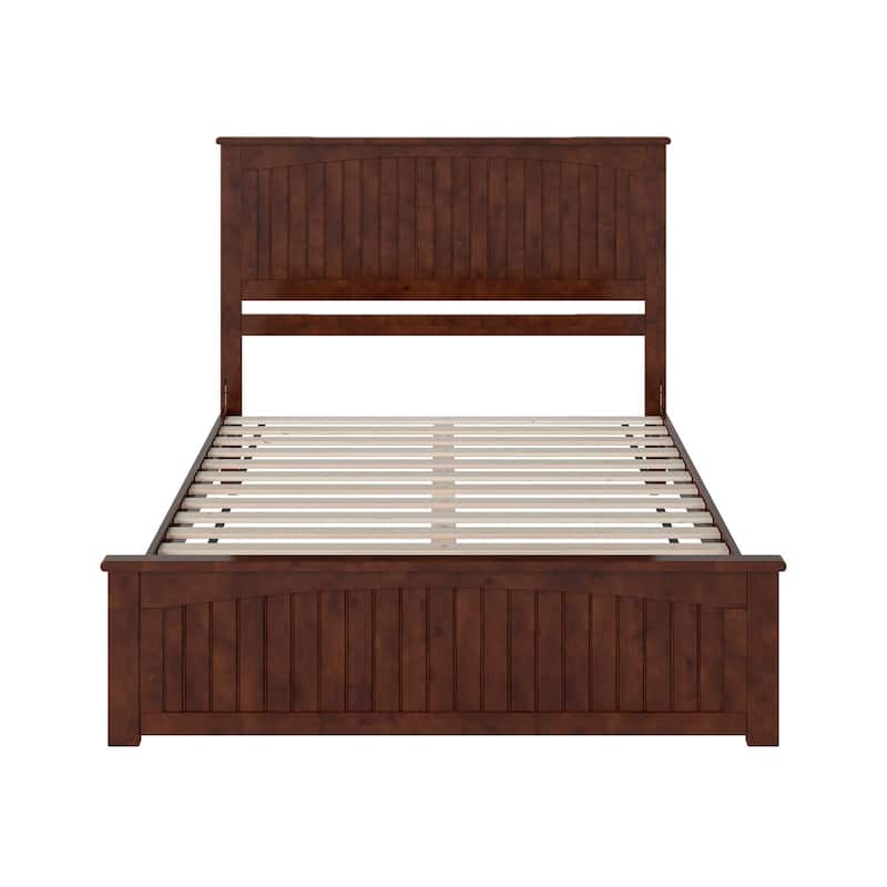 Queen Low Profile Wood Platform Bed with Footboard & USB Ports - Walnut Finish