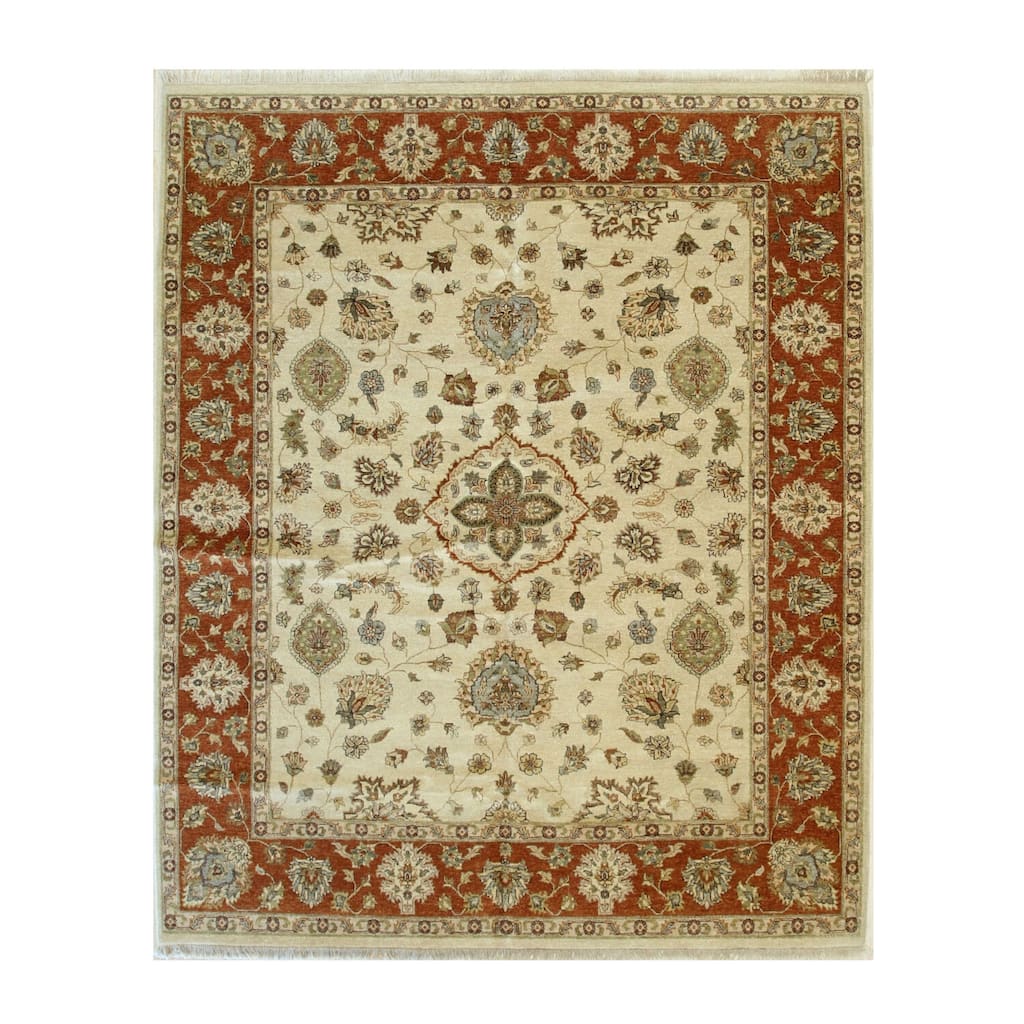 Ivory Hand-Knotted Wool Traditional Agra Rug, 8'1 x 9'10, Timeless Elegant Design - L