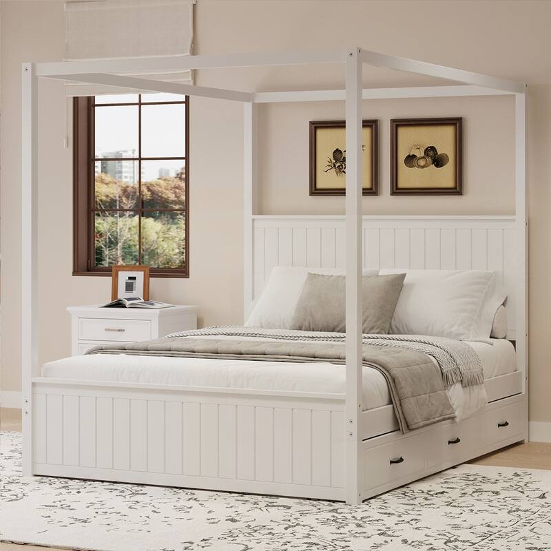 Canopy Platform Bed with Trundle and Three Storage Drawers