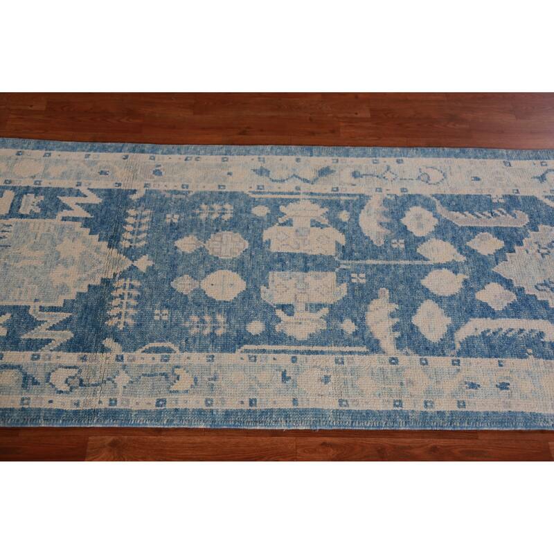 Hand Knotted Oriental 100% Wool Carpet Transitional Geometric Navy Blue & Blues Oushak Runner Rug - 15' 2'' X 2' 10''