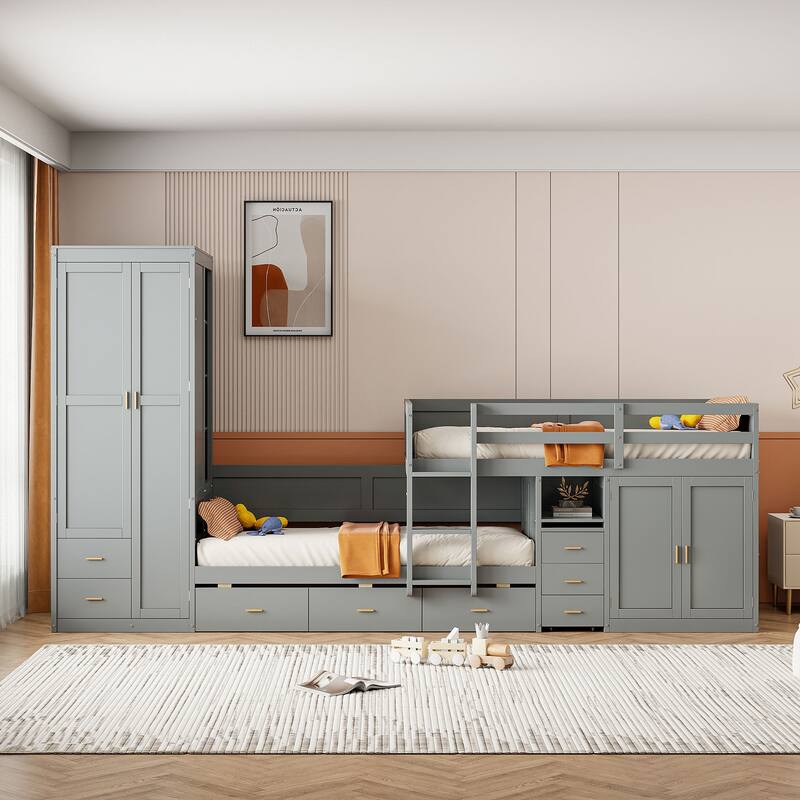 Twin Wooden Bunk Bed with Trundle, Cabinet, Wardrobe, Desk and Drawers