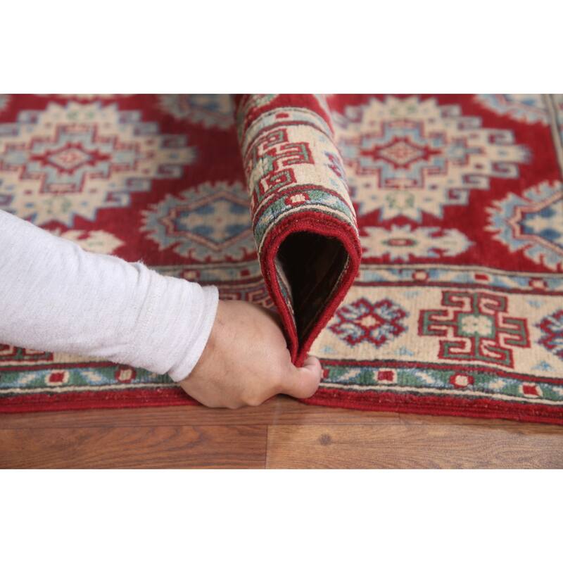 Hand Knotted Oriental 100% Wool Carpet Traditional Geometric Red Kazak Runner Rug - 6' 8'' X 2' 8''