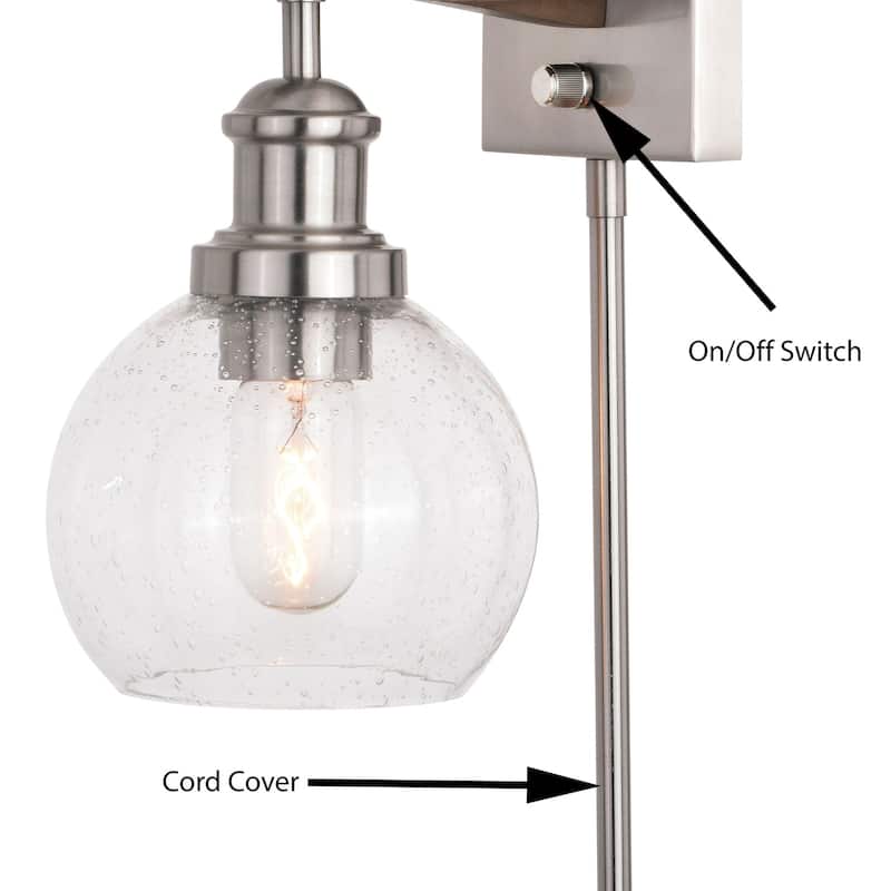 Wall Sconce Reading Light - Plug In Sconce with Wood Accent & Seeded Glass Globe - Satin Nickel Finish - 15.5