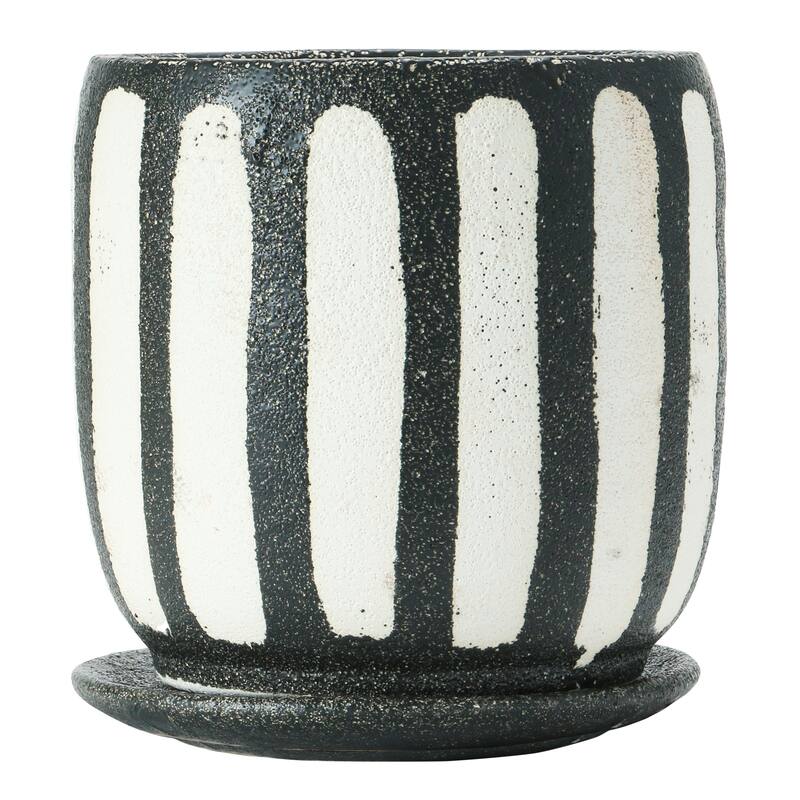 Hand-Painted Terra-cotta Planter with Saucer, Black & White, Set of 2 (Holds 6" Pot)