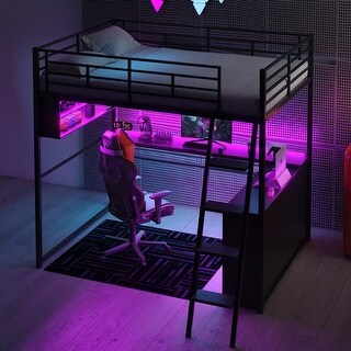 Full Size Loft Bed with Desk, LED Shelves, and Storage - Metal Frame with Guardrails and Ladder, Space-Saving Design for Teens