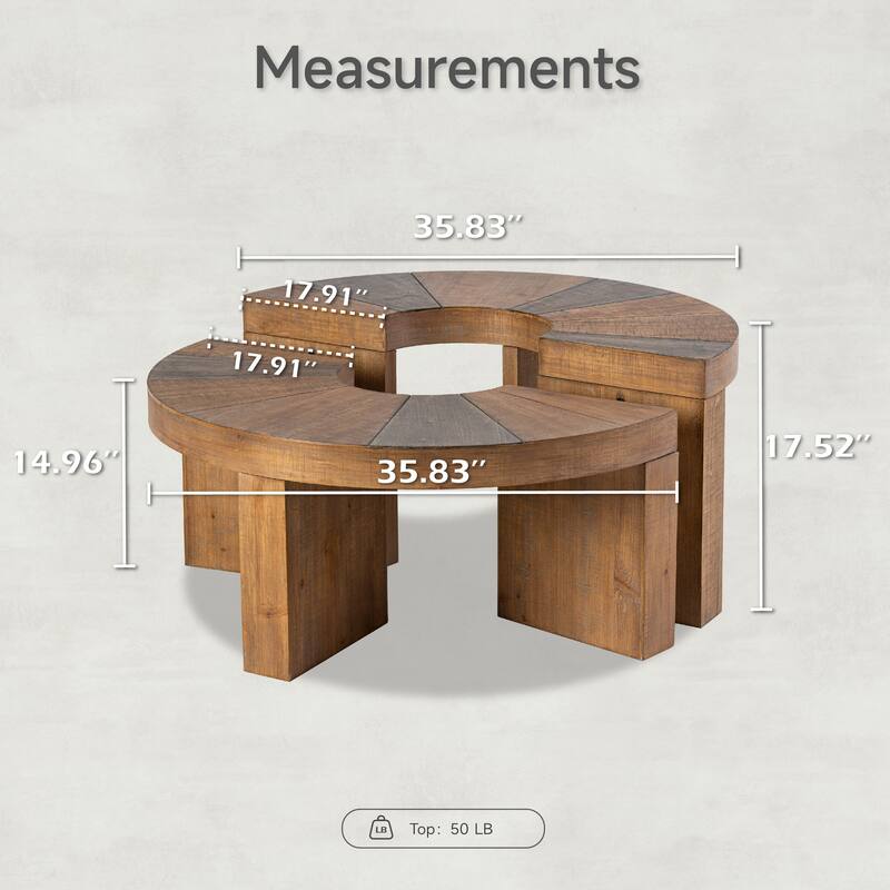 COZAYH Farmhouse Round Coffee Table Set, Rustic Wooden Coffee Table with 2-Piece Semi-Circular Design, Large Circle Table