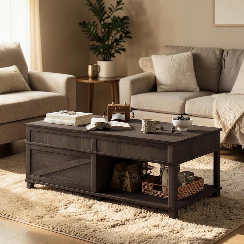 Lift Top Coffee Table with Hidden Storage Compartment and Open Shelf, Adjustable Wood Center Table - Antique brown