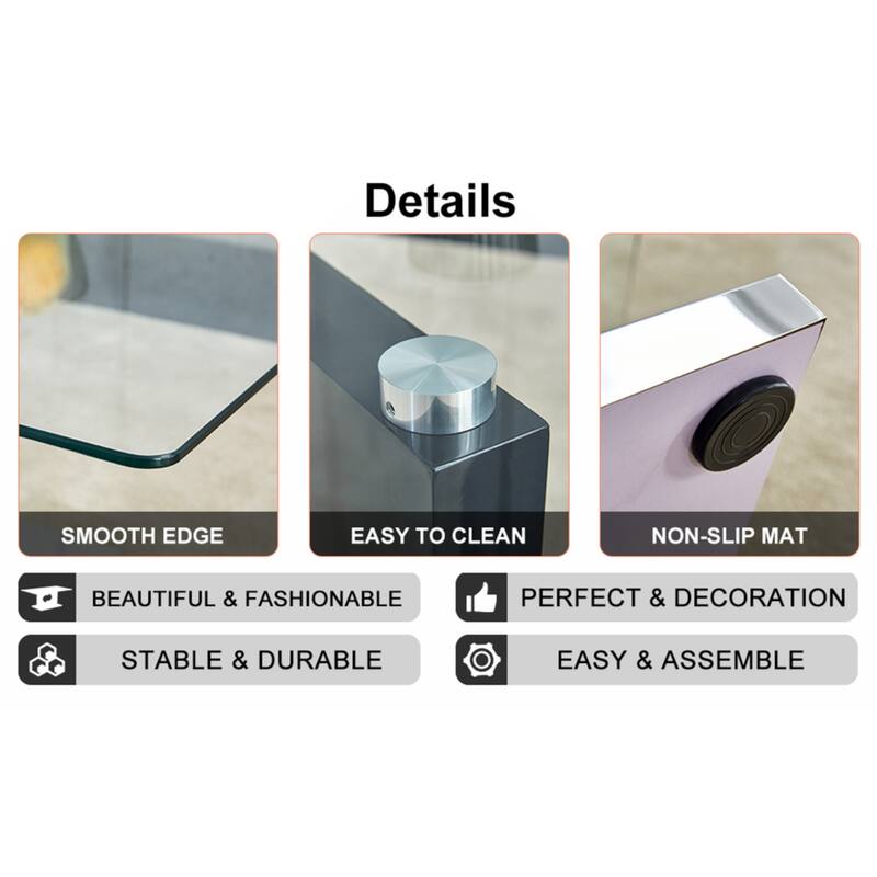 A rectangular modern and fashionable coffee table with tempered glass tabletop and black MDF legs