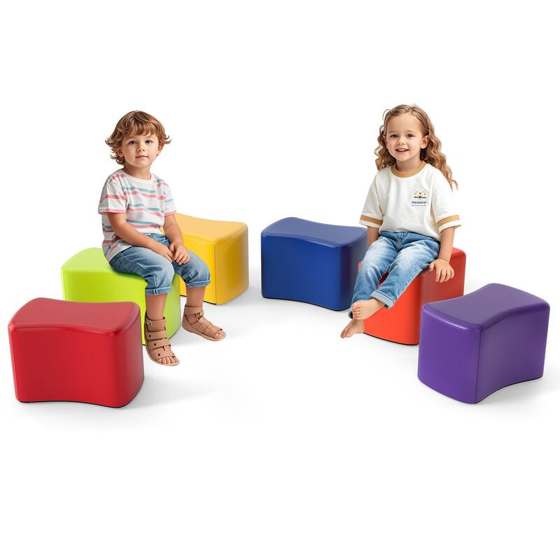 6-Piece Colorful Soft Sponge Cushion PU Leather Cover Stackable Seats Kids Stools - 14.5" x 10" x 10"