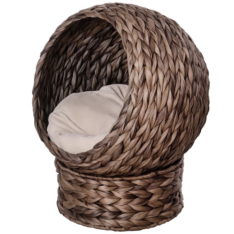 PawHut Cat Braided Banana Leaf House Enclosure, Designed for Indoors and Includes Super Soft Cotton Bed, 23.5" H, Grey