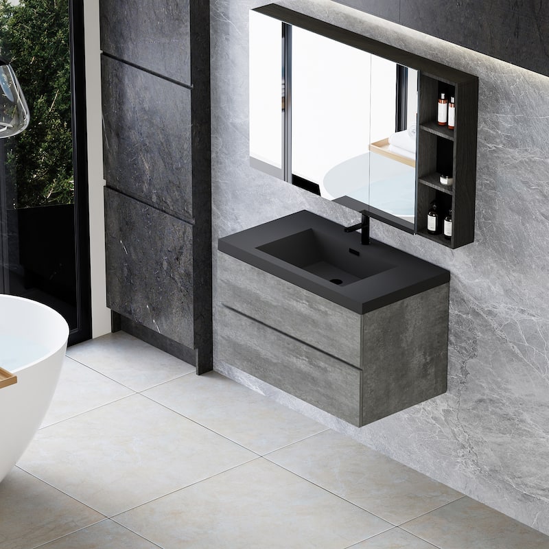 24/30/36/48/60 inch Melamine Floating Bathroom Vanity with Sink and Black Quartz Sand Top Basin and Soft Close Drawers