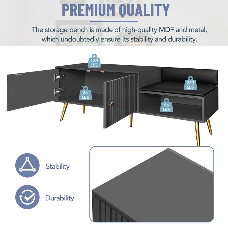 Modern Shoe Storage Bench with Storage Cabinet and Upholstered Cushions, Entryway Bench with Open Compartment for Living Room