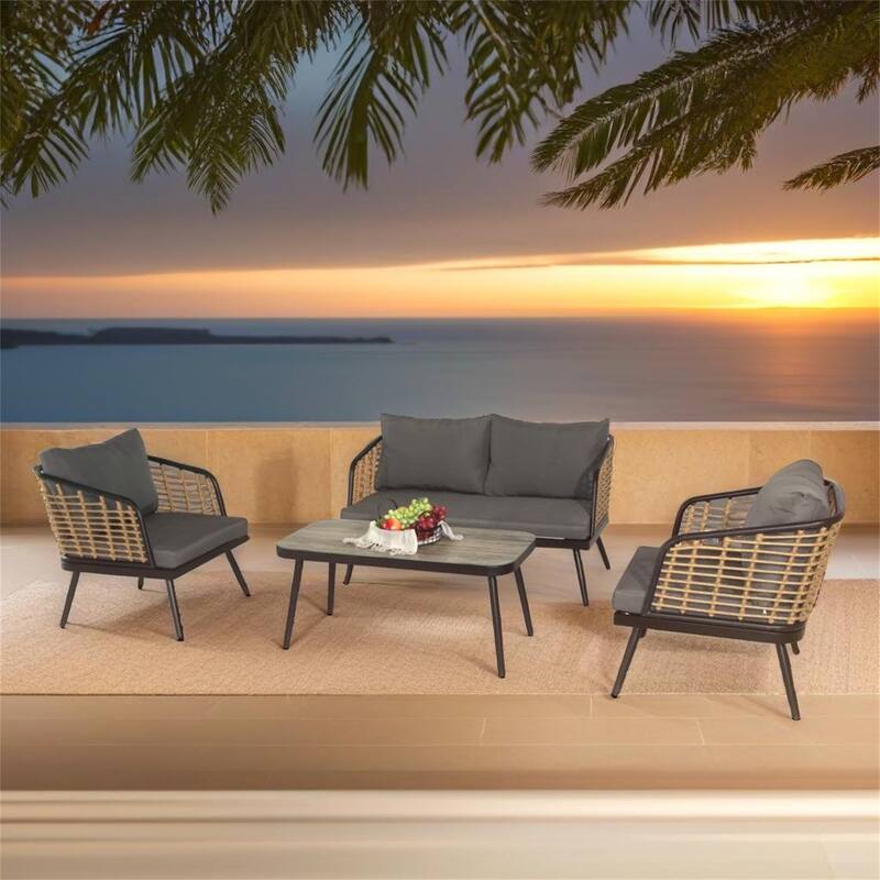4 Pieces Patio Furniture Set - Black+Natural