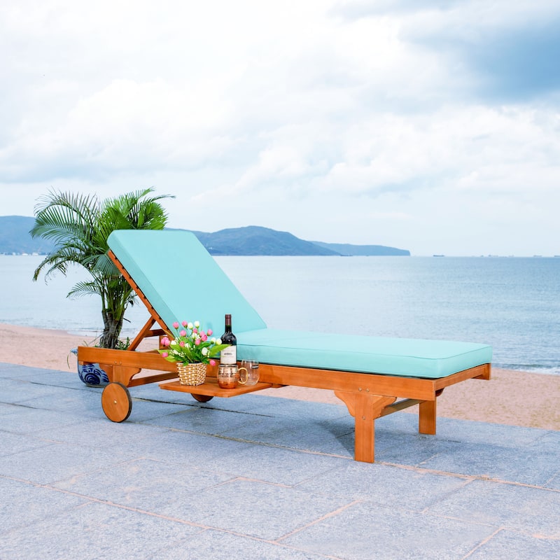 SAFAVIEH Outdoor Aubrie Adjustable Chaise Lounge Chair with Wheel. - Natural/Aqua.