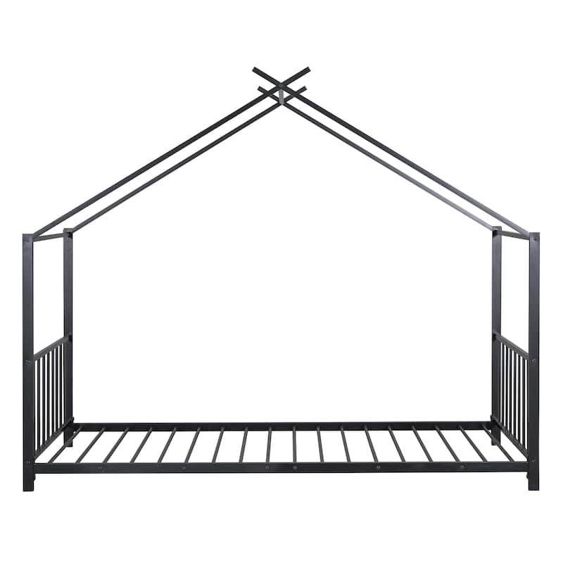 Twin Size Metal House Platform Bed Frame with Metal Slats and Roof Design for Children's Bedrooms, Guest Rooms