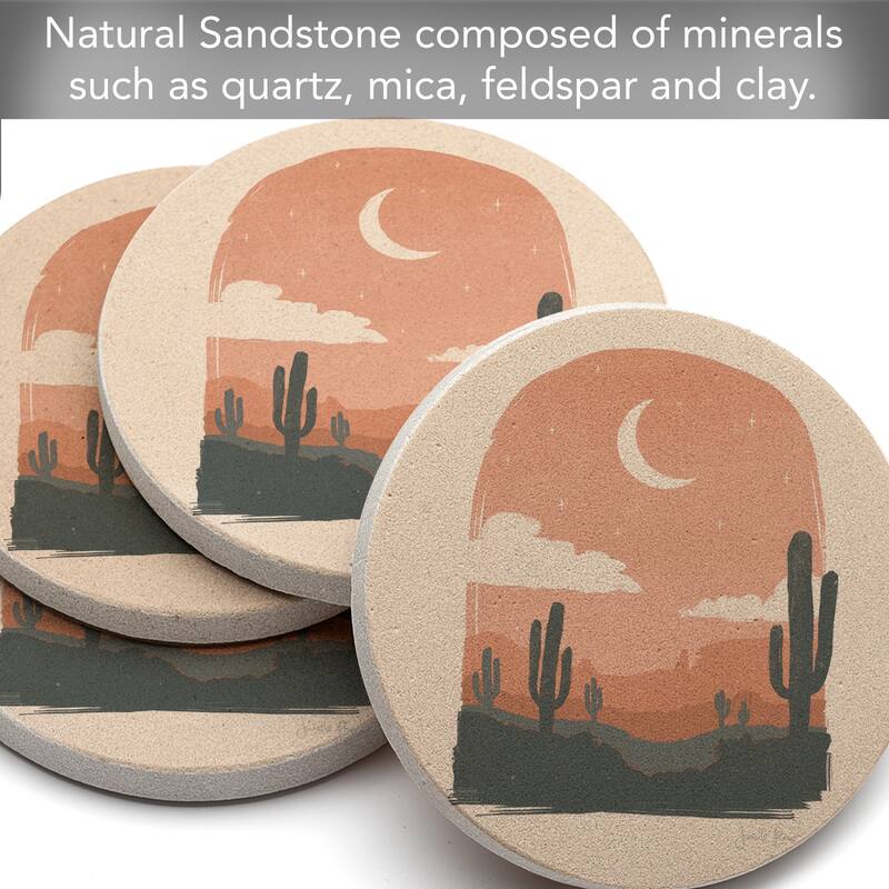 Desert Night 4 Pack Round Natural Sandstone Coasters with Protective Cork Backing Manufactured in The USA