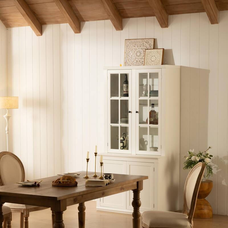 75.25" Traditional Cabinet - Double Glass Door Display Hutch for Dining Room, Living Room - Classic Style Collection Showcase