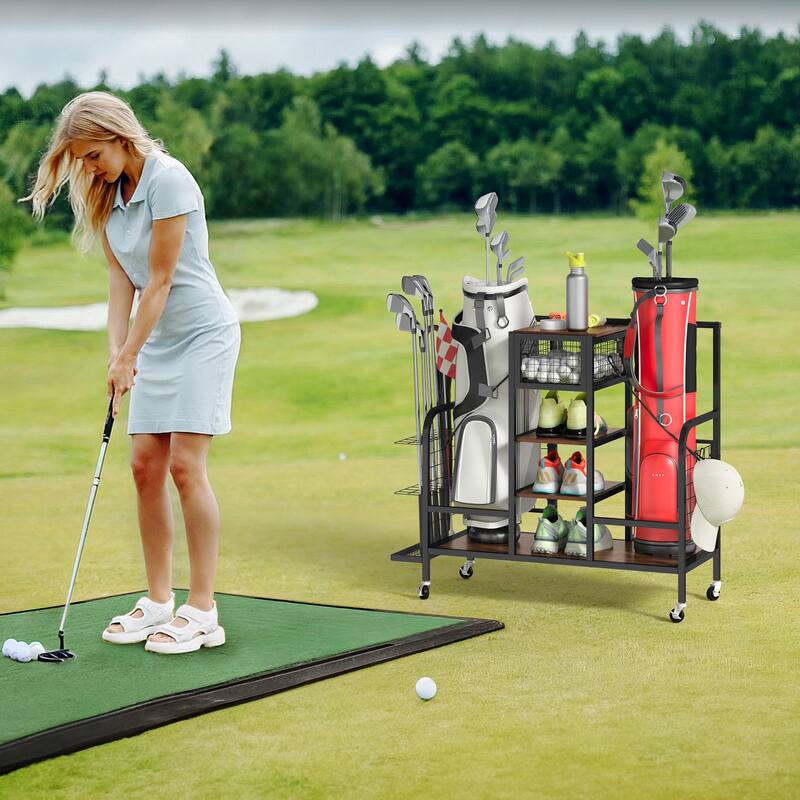 Multi-Functional Golf Bag Organizer for Garage with Wheels & Hooks