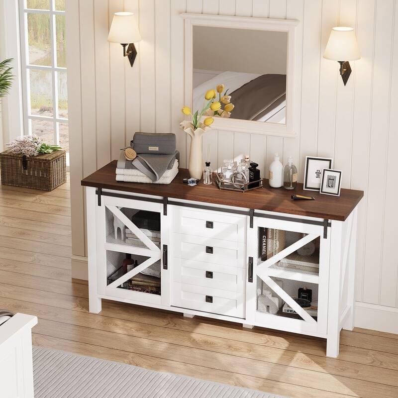 Meyreso Farmhouse Sideboard Buffet Cabinet Wood Coffee Bar Table with Storage for Kitchen