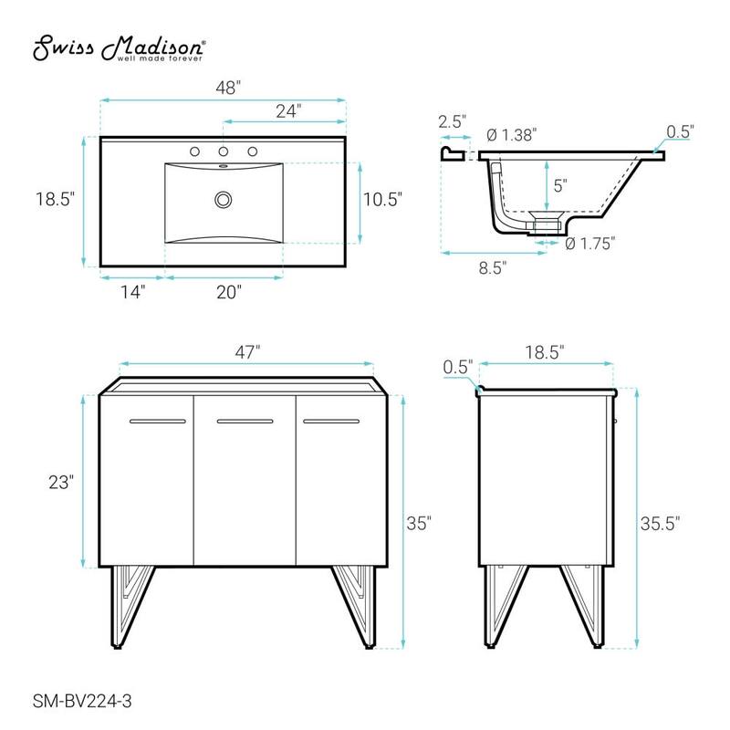 Swiss Madison SM-BV224-3 Annecy 48" Free Standing Single Basin Vanity