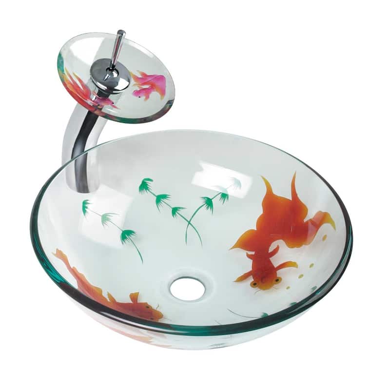 Countertop Sink 16.5" Round Koi Fish Style Tempered Glass Sink with Waterfall Faucet and Chrome Drain Renovators Supply