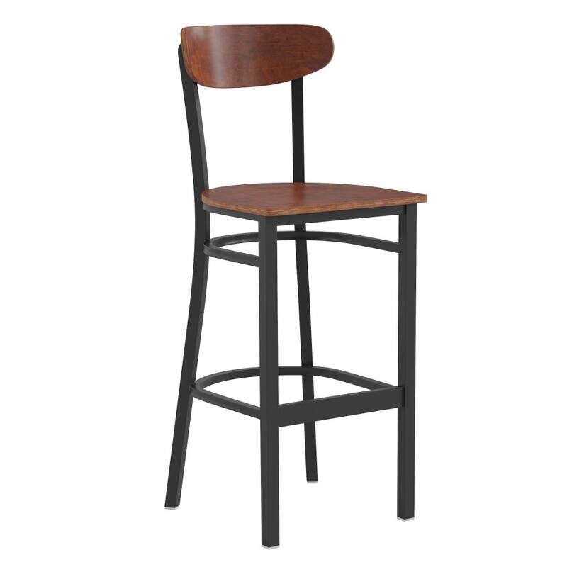 Commercial Metal Barstool with Wood Seat and Boomerang Back - Walnut