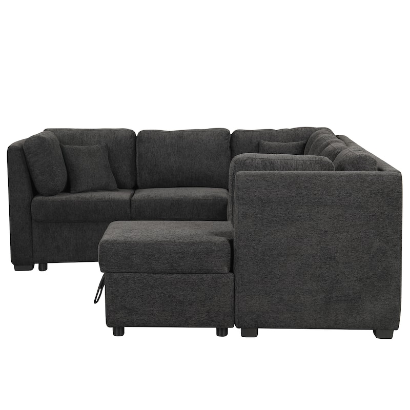 Black 108.6" Fabric U-Shaped 6-Seat Sectional Sofa with Pull-Out Bed, Storage Chaise, USB Ports, and Power Outlets
