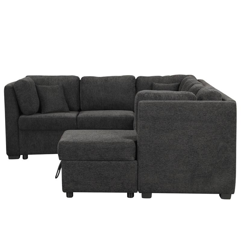 U-shaped Sectional Sofa Pull out Sofa Bed with Two USB Ports, Two Power Sockets, Three Back Pillows and a Storage Chaise