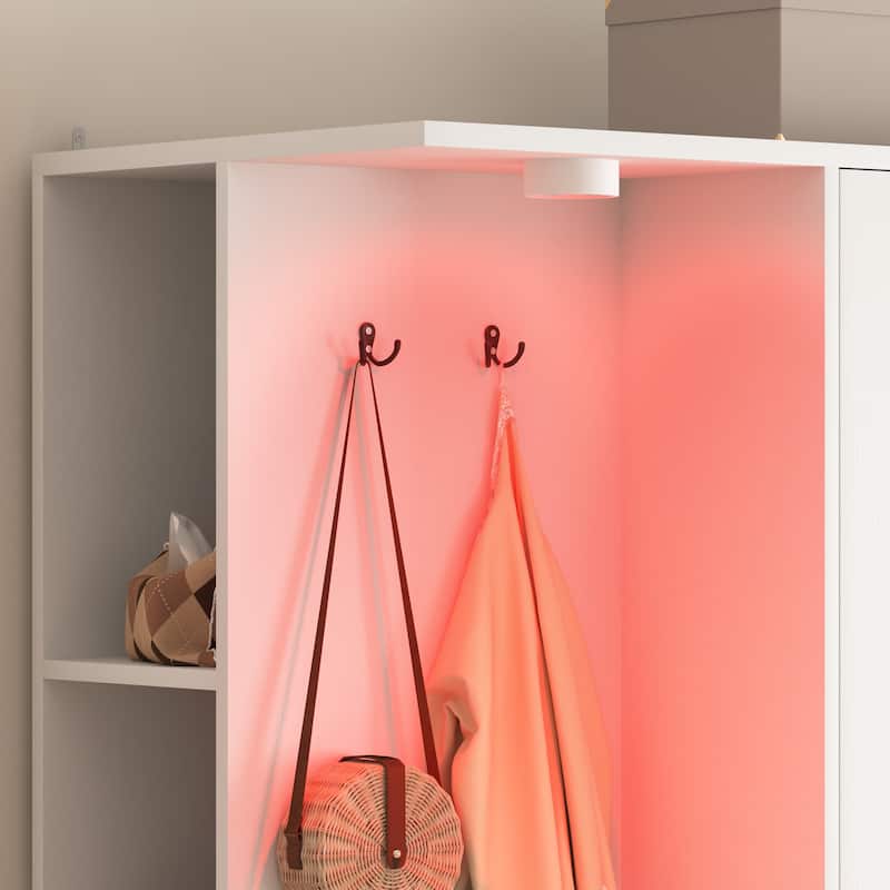 Wardrobe Armoire Closet with 2 Doors, White Clothing Storage Cabinet with 6 Drawers and Hanging Rail