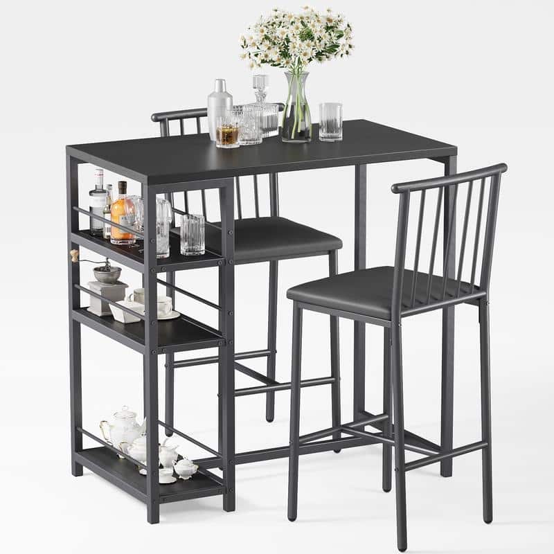 3 Pieces Bar Table Set and Chairs Set for 2 with 3 Storage Shelves