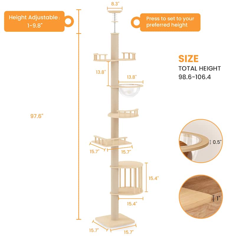 Floor-to-Ceiling Adjustable Cat Tree Tower with Acrylic Capsule - Natural