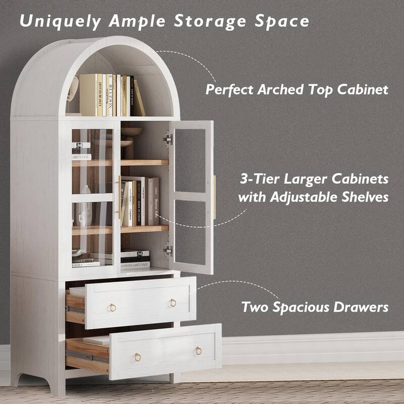 71" Tall Arched Kitchen Pantry Cabinet with 2 Large Drawers