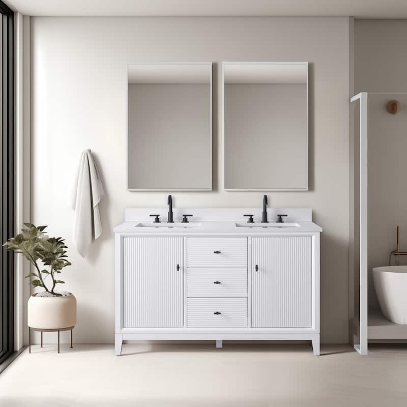 Vanity Art 54" Freestanding Bathroom Vanity with Engineered Marble Top and Sinks - 54"/Matte Black - White