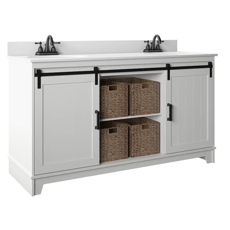 60" Sliding Barn Door Double Sink Bathroom Vanity with 4 Woven Baskets