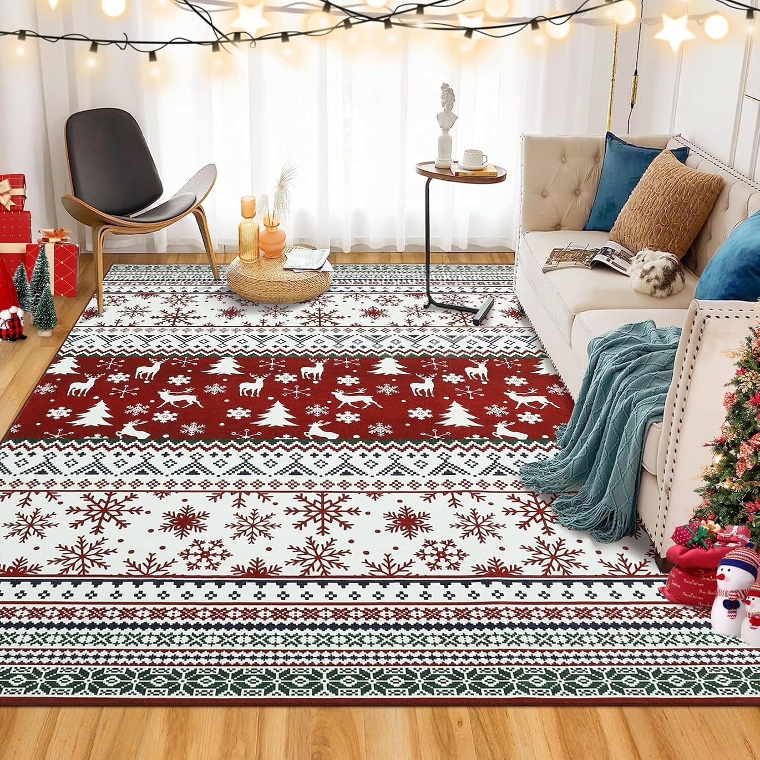Washable Vintage Boho Christmas Area Rug, Low Pile - 1'6