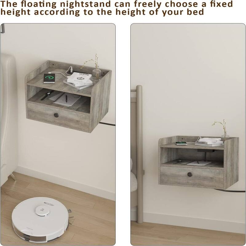 Floating Nightstand Set of 2 with Charging Station and Storage Drawer Wall Mounted - 11.5"D x 15.8"W x 11.5"H