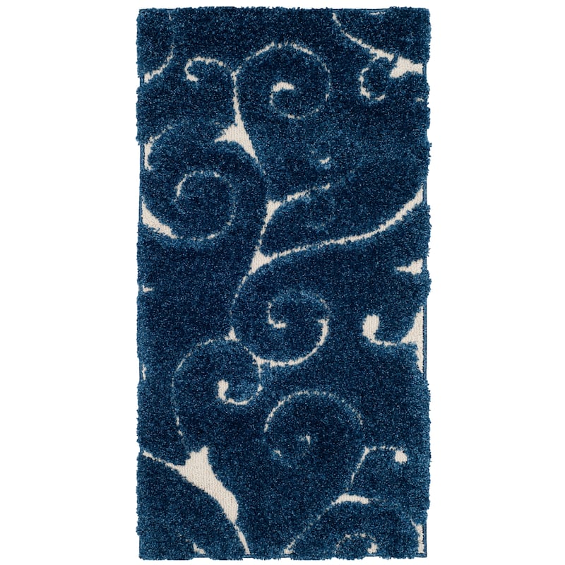 SAFAVIEH Florida Shag Shahin Scroll 1.2-inch Thick Textured Rug - 2'3" x  4' - Dark Blue/Cream - Runner/Rectangle