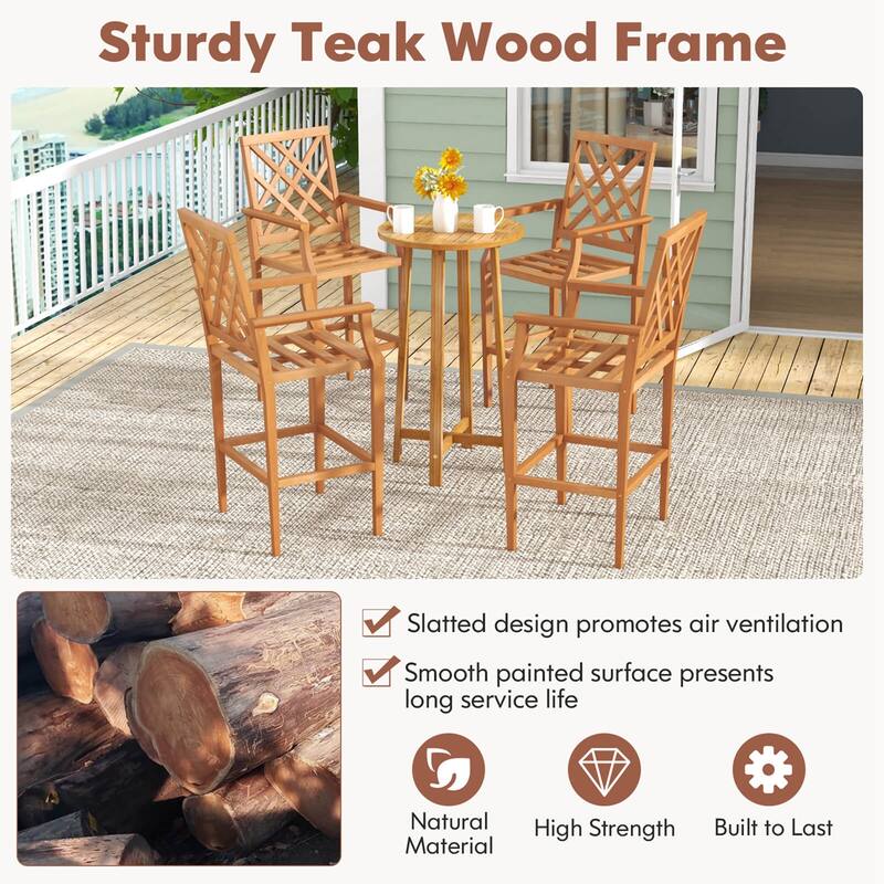 Costway 1/2/4 PCS Patio Teak Wood Bar Stool with Ergonomic Backrest