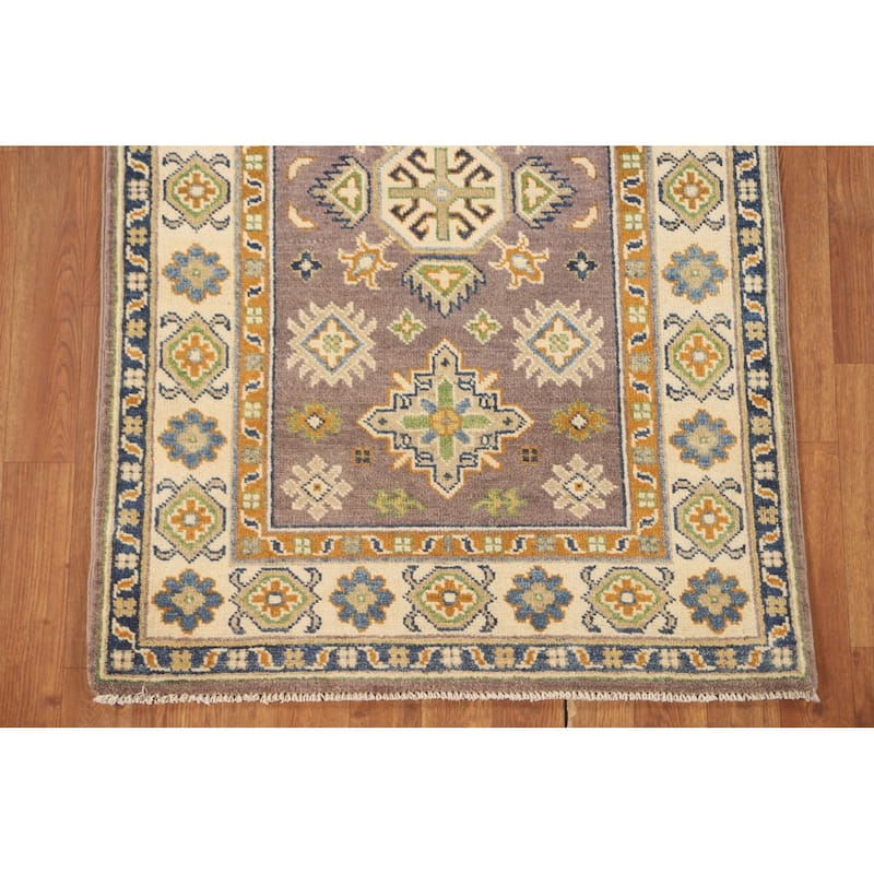 Geometric Brown Kazak Oriental Accent Rug Handmade Wool Carpet - 2'9" x 4'2"