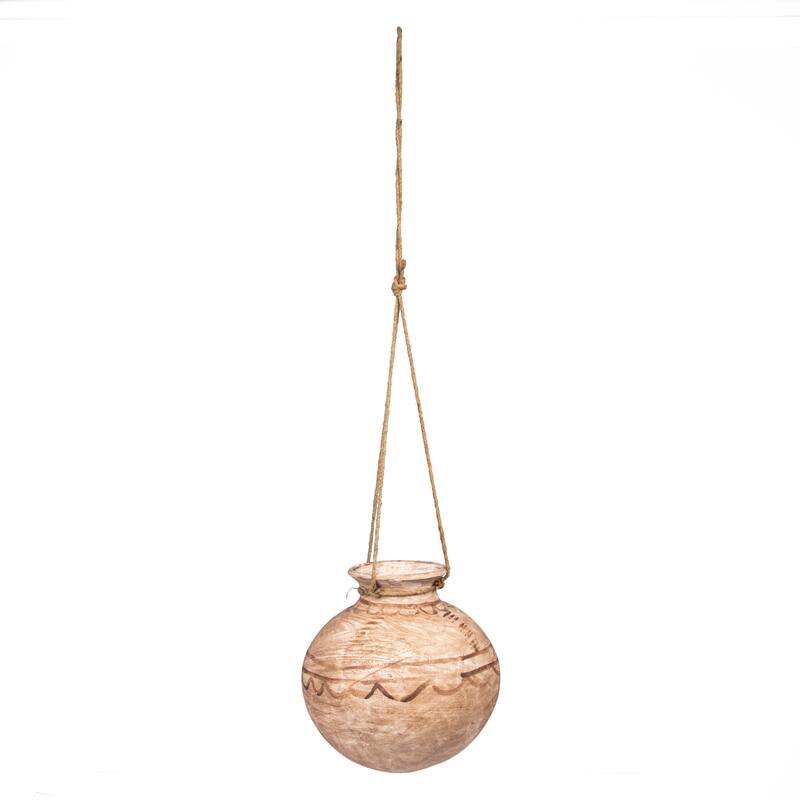 Clay Planter Pot with Painted Design and Jute Rope, Terra-cotta - Orange