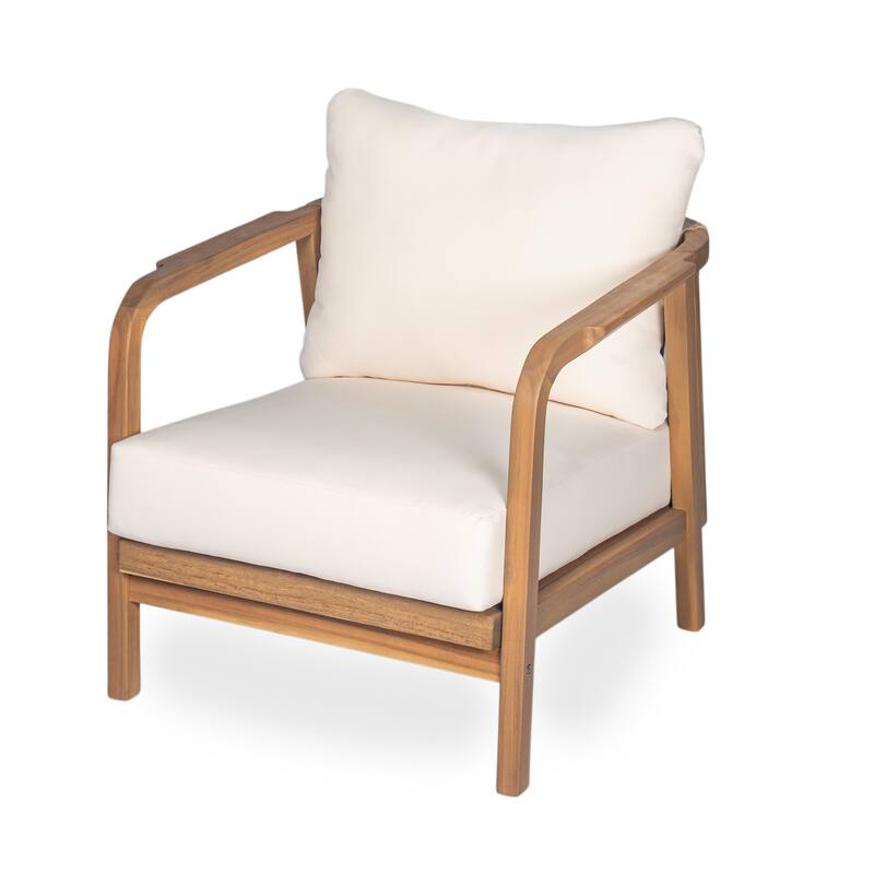 28" Outdoor Lounge Chair with Woven Backrest, Solid Wood Frame, Comfortable Cushions,and Curved Armrests for Patio or Garden