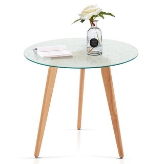 Ivinta Round Dining Table with Water Rippled Glass Tabletop, Wood Legs ...