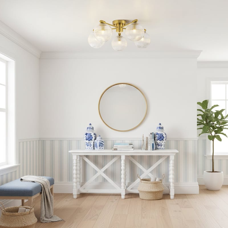 22 in. 5-Light Modern Brass Clear Ribbed Glass Globe Semi-Flush Mount Ceiling Light - 22.05 in. diameter x 8.66 in. height