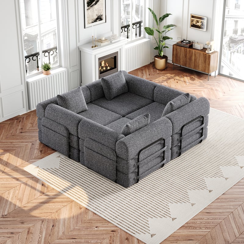 Set of 2 Loveseat Couch Chenille Modular Splicing Sectional Sofa Convertible Sleeper Sofa Bed with Side Pockets and Pillows