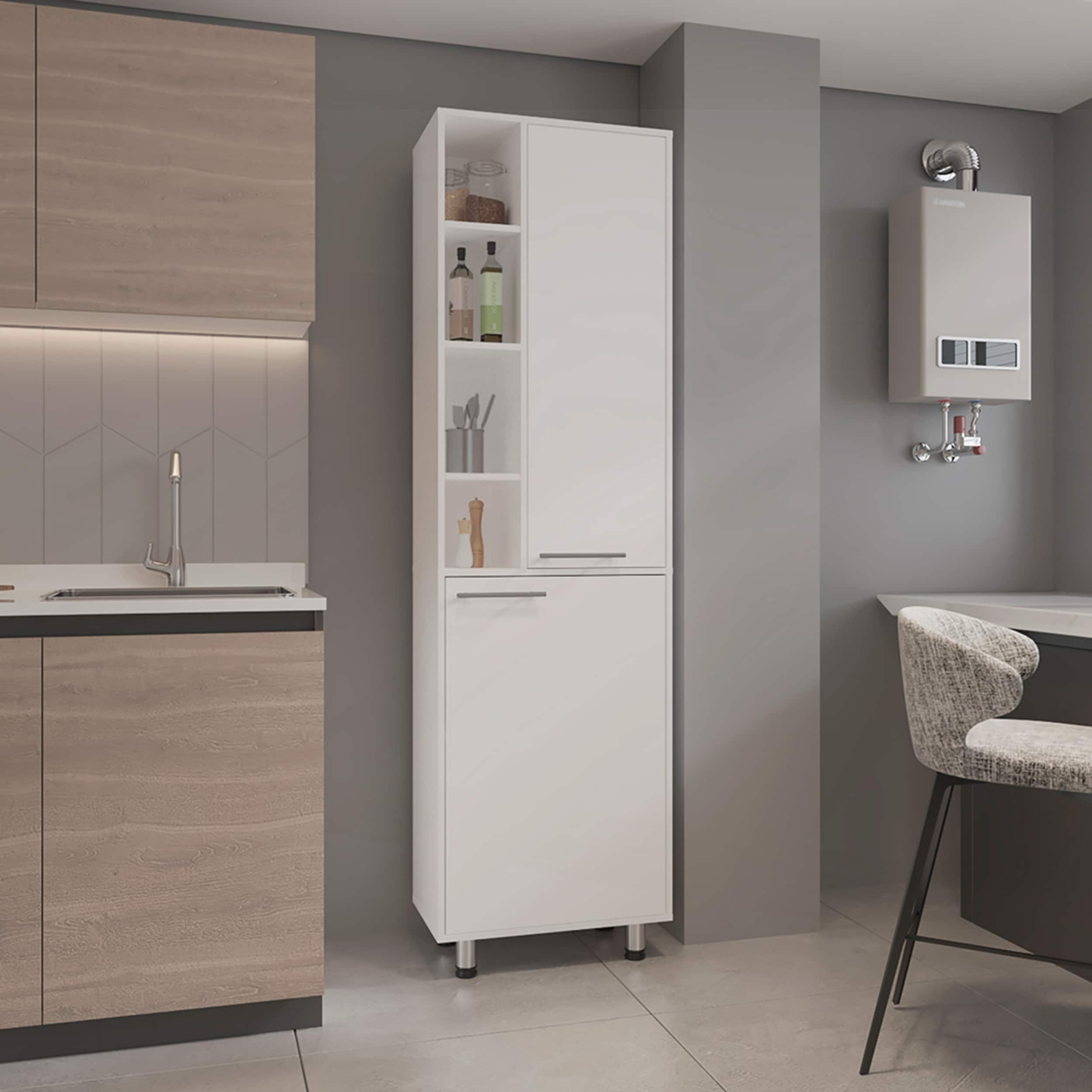 Shiprock Pantry Cabinet, Kitchen Storage with Modern Hardware and Bright White Finish for Compact Spaces